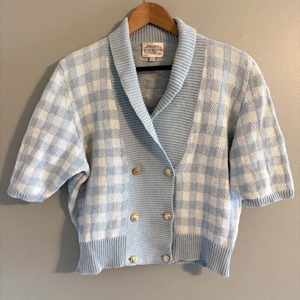 VTG 1991 Susan Bristol Sweater Womens L Gingham Coastal Grandma Spring Cottage